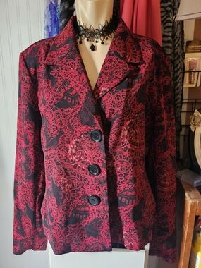 Brandon Thomas Black and Red Lace-Pattern Blazer